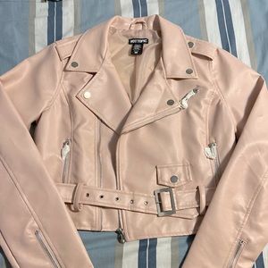 Pink Cropped Leather Jacket